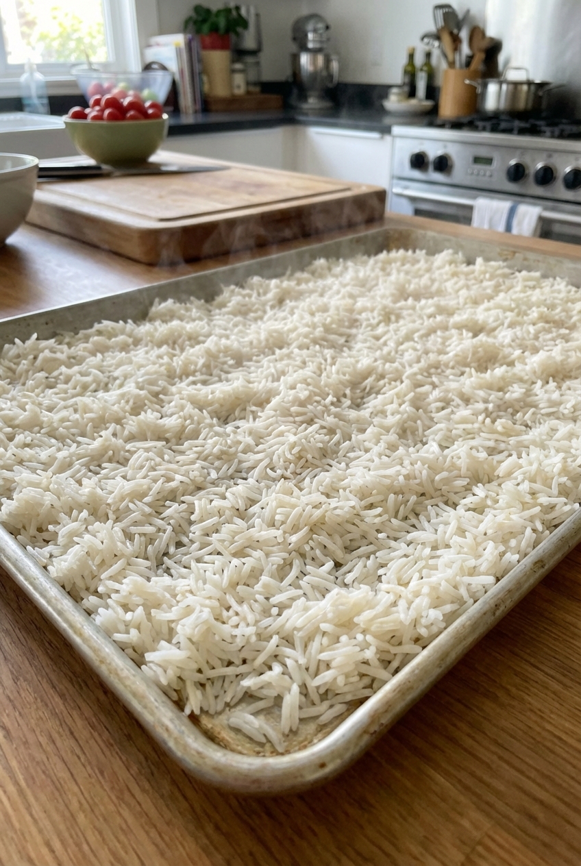 Cooked rice spread on a sheet pan to cool and dry slightly before making fried rice