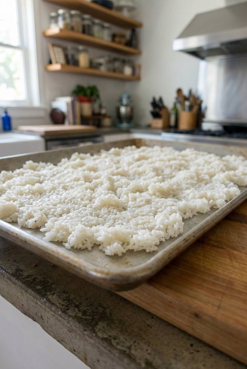 Cooked rice spread out on a baking sheet to cool and dry before frying