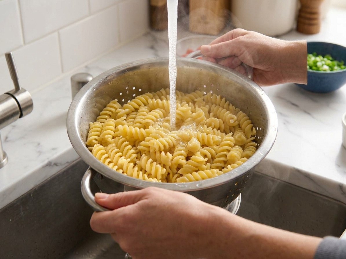 Cooked rotini being rinsed under cold running water in a colander at a kitchen sink