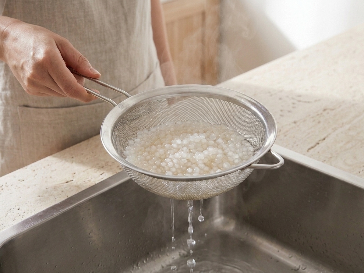 Cooked sago pearls draining in a fine mesh sieve over the sink