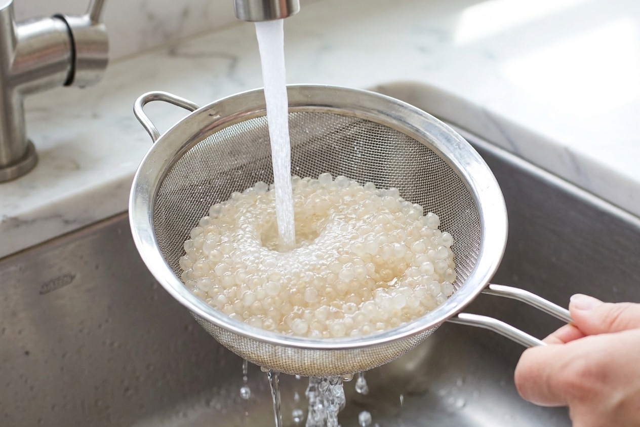 Cooked sago pearls in a fine-mesh strainer being rinsed under cold running water in a kitchen sink