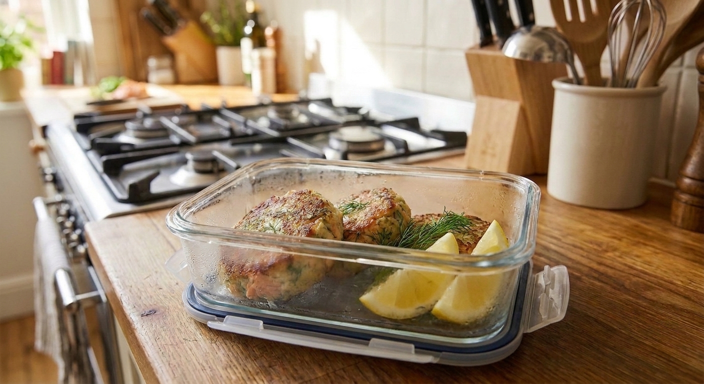 Cooked salmon fish cakes stored in a glass meal prep container with lemon wedges and herbs on the side
