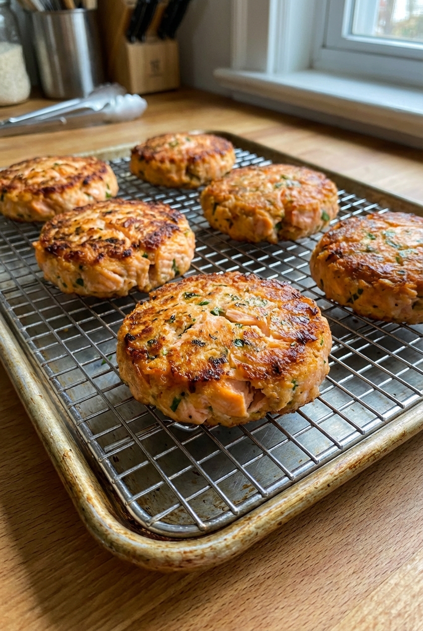 Cooked salmon patties cooling on a wire rack on a baking sheet