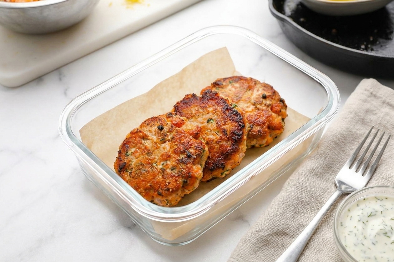 Cooked salmon patties in a glass meal prep container with parchment paper, ready to refrigerate