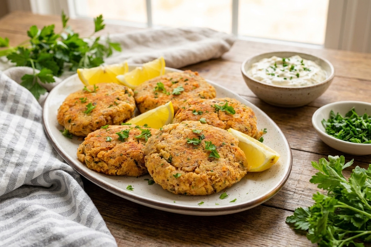 Cooked salmon patties plated with lemon wedges and a small bowl of tartar sauce on a simple table setting
