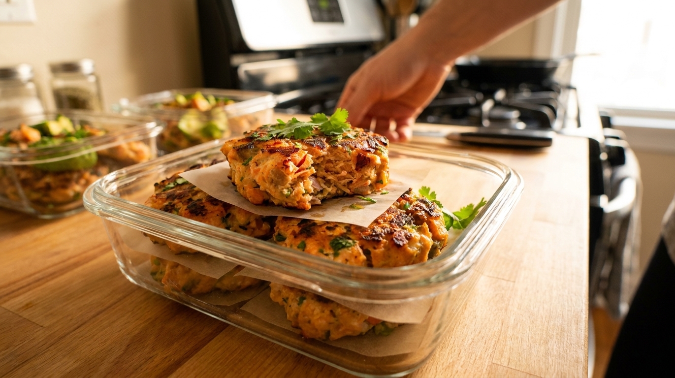 Cooked salmon patties stored in a glass meal prep container with parchment between layers, set on a kitchen counter with consistent warm lighting