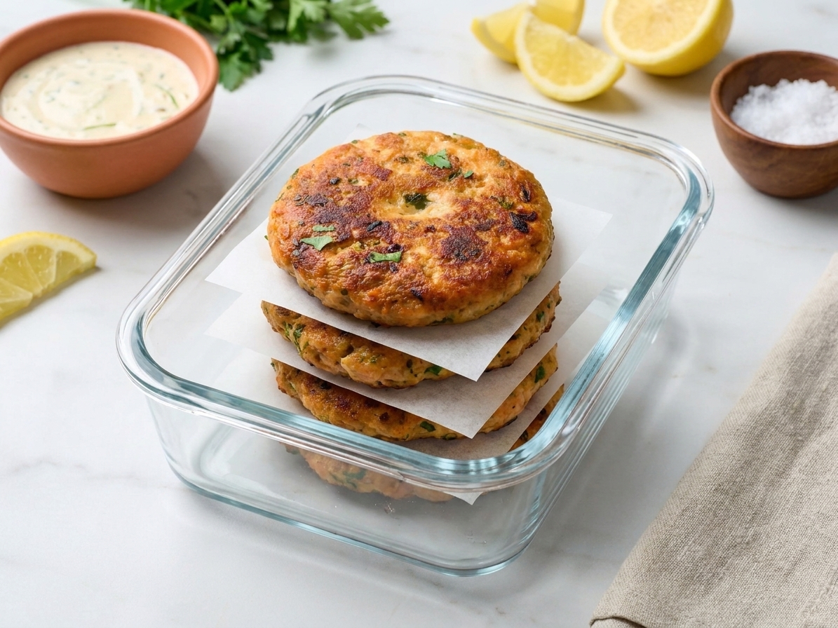 Cooked salmon patties stored in a glass meal prep container with parchment between layers on a kitchen counter