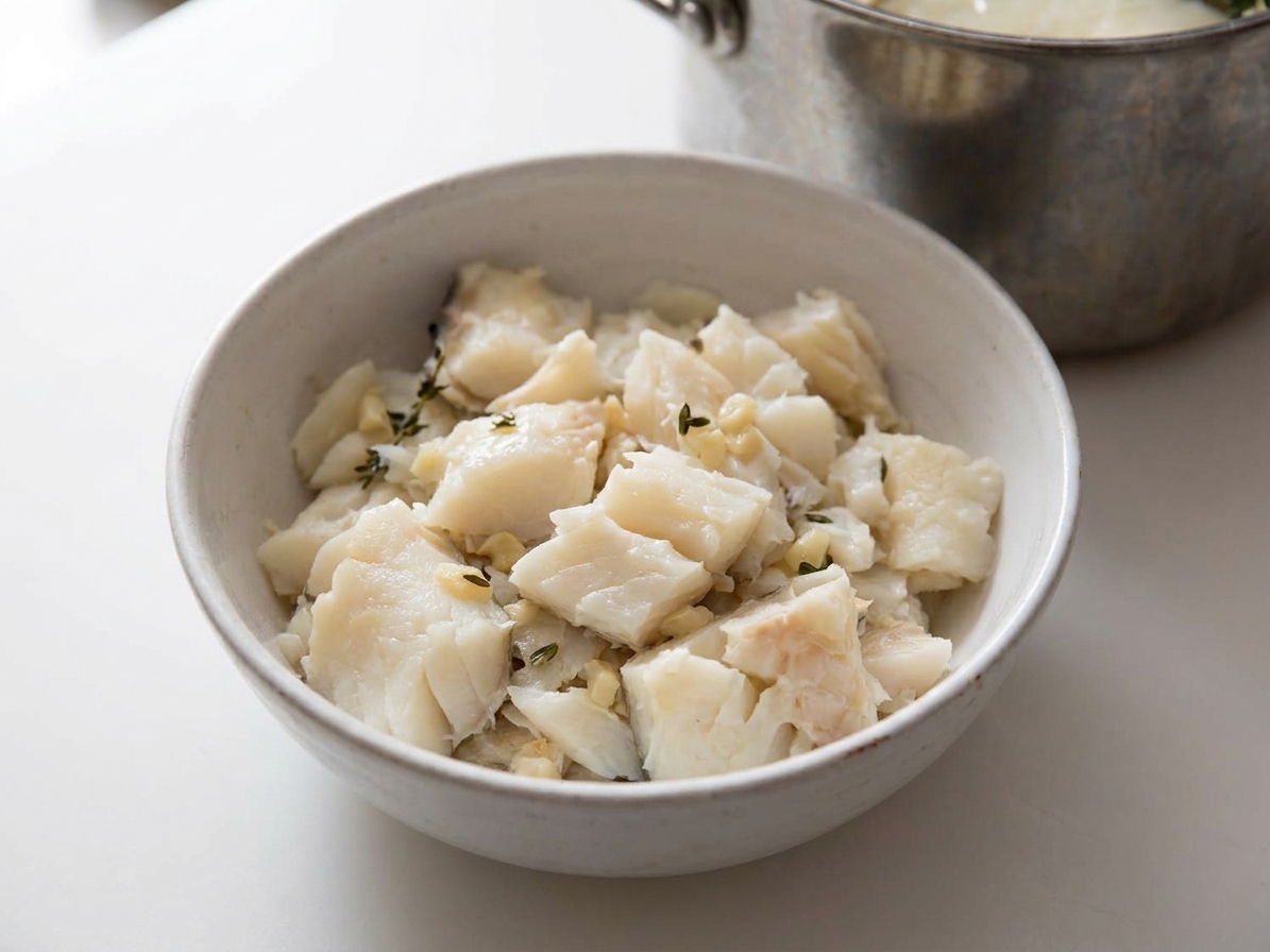 Cooked salt cod flaked into a bowl, with any small bones removed