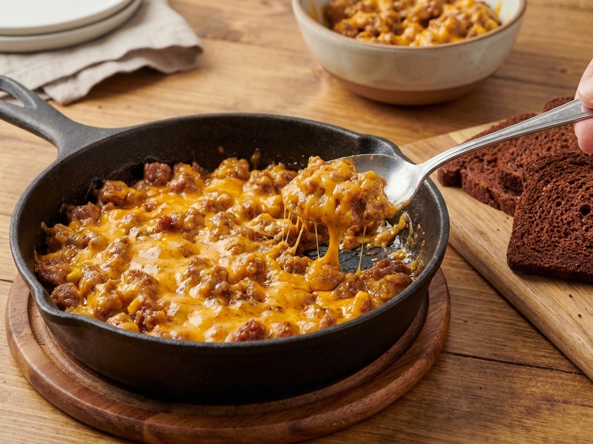 Cooked sausage and melted cheese mixture in a skillet, glossy and thick, ready to spoon onto bread