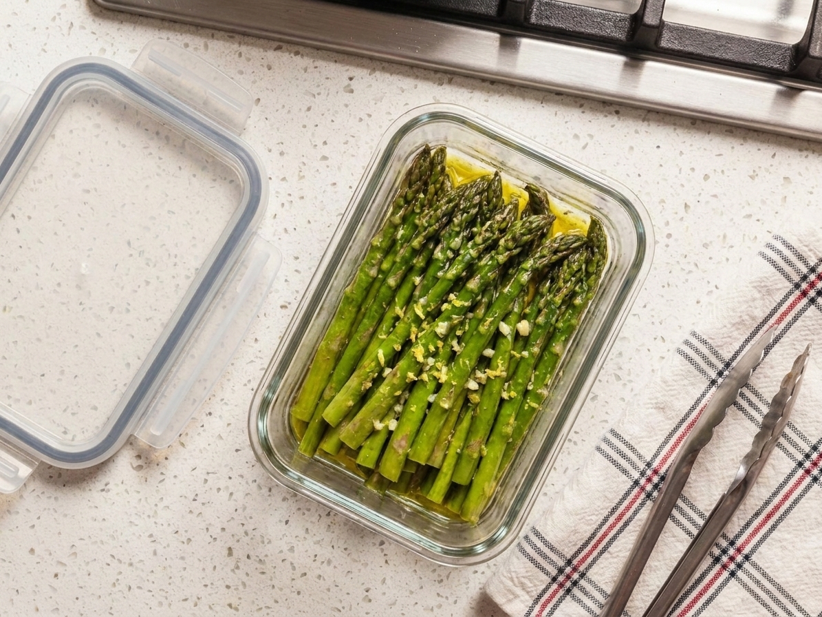 Cooked sautéed asparagus cooling in a glass meal prep container with the lid nearby on a kitchen counter
