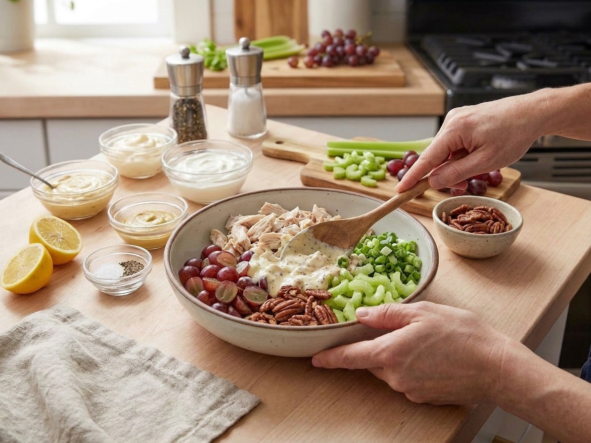 Cooked shredded chicken, red grapes, celery, green onions, mayonnaise, Greek yogurt, Dijon mustard, lemon, pecans, salt and pepper arranged on a clean kitchen counter