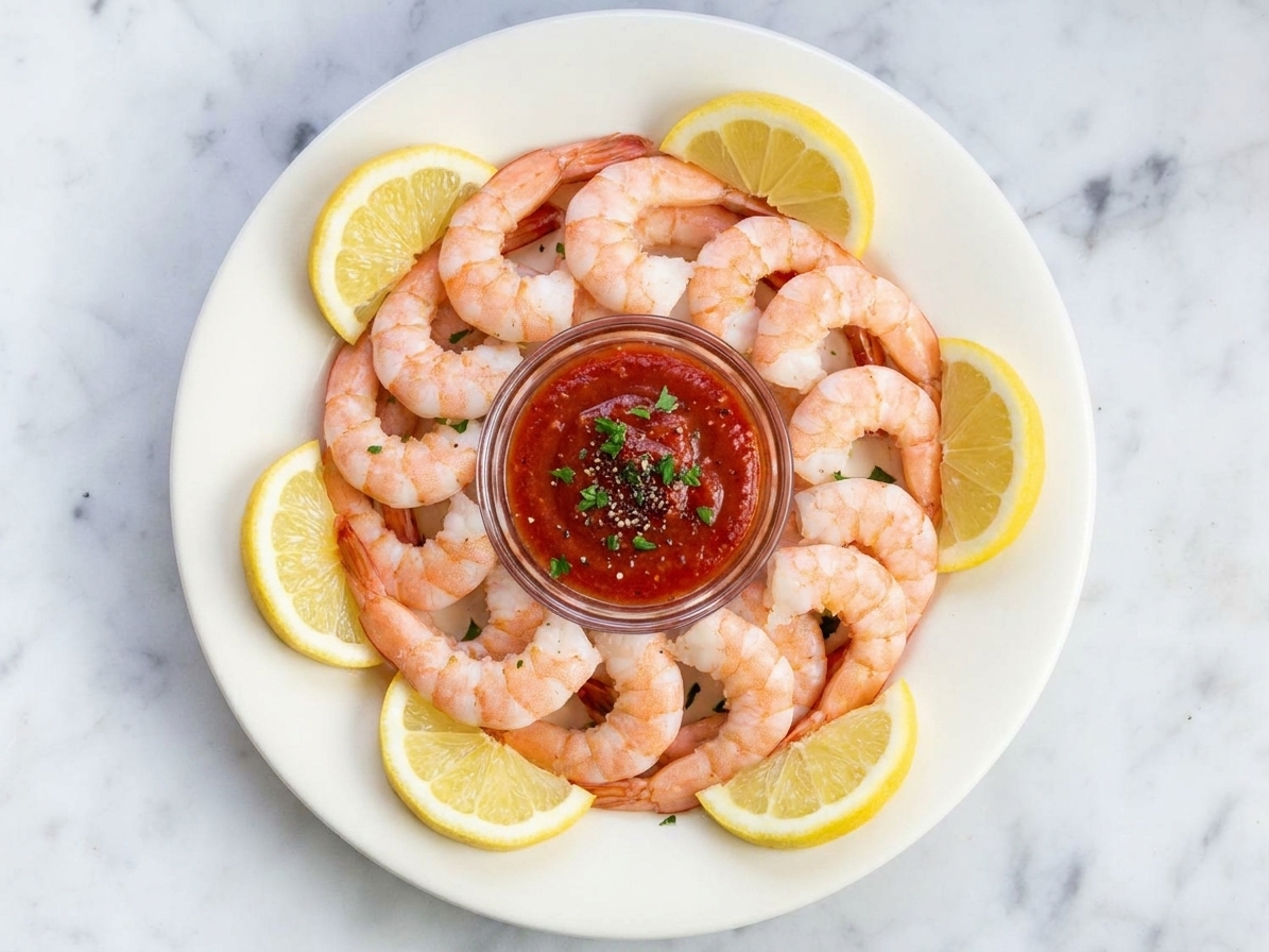 Cooked shrimp arranged for shrimp cocktail with lemon wedges and a small bowl of cocktail sauce