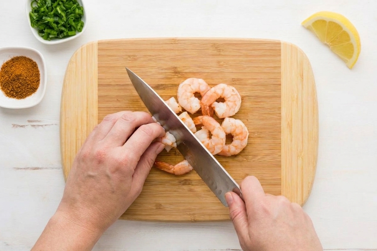 Cooked shrimp being chopped on a cutting board with a chef's knife