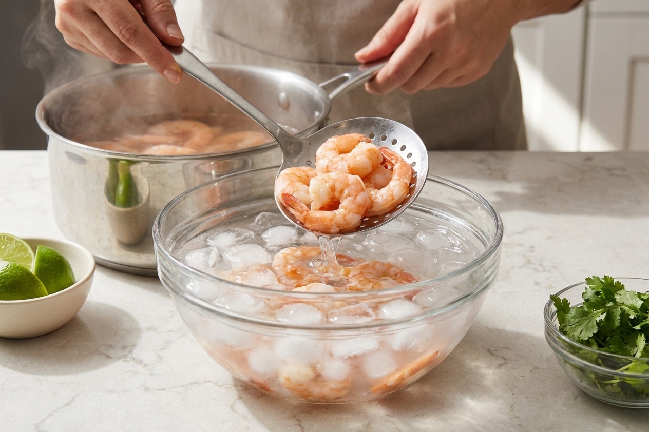 Cooked shrimp being transferred into a bowl of ice water on a kitchen counter to stop cooking for Mexican shrimp cocktail
