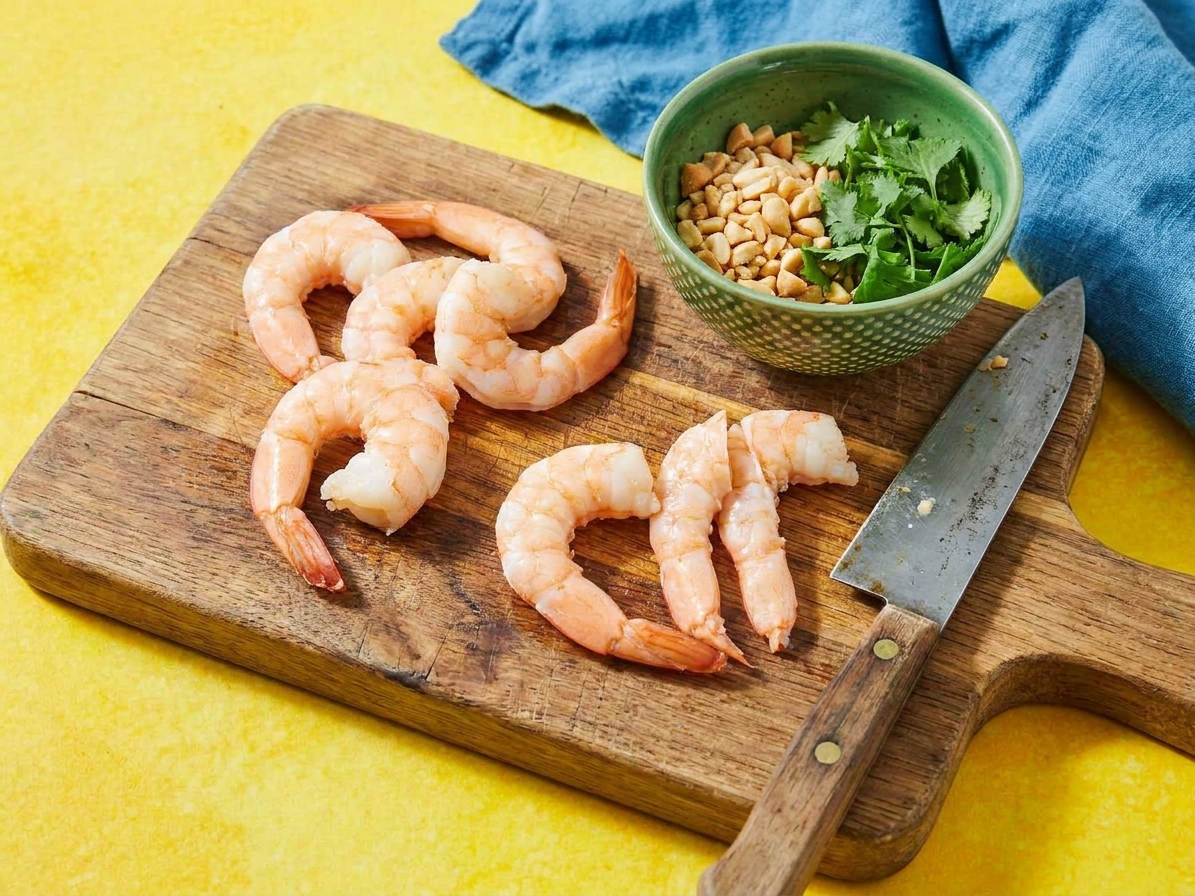 Cooked shrimp sliced lengthwise on a cutting board with a chef's knife and a small bowl nearby