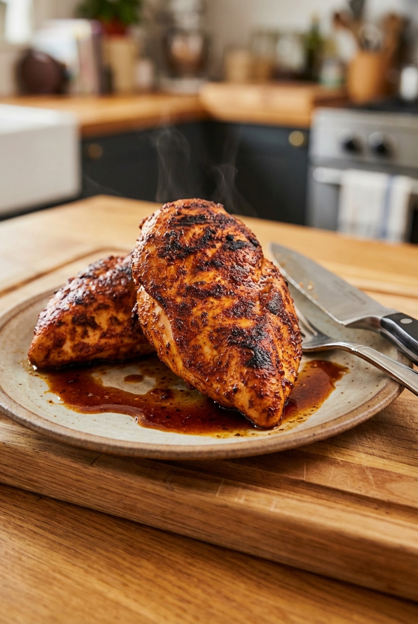 Cooked smoky spicy chicken breasts resting on a plate with juices pooling slightly before slicing