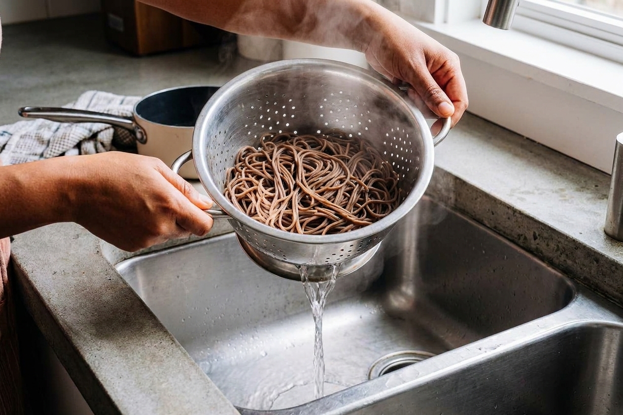 Cooked soba noodles being drained through a colander in a kitchen sink