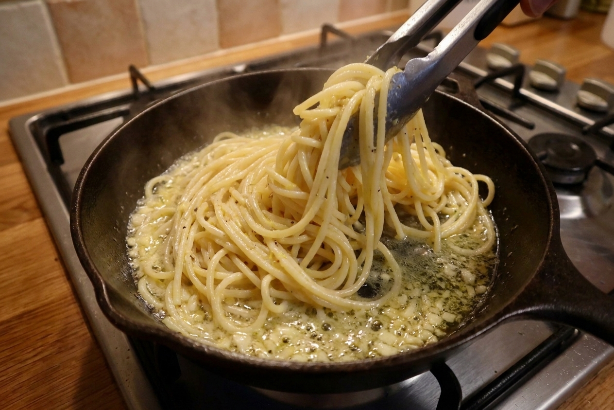 Cooked spaghetti being tossed in a skillet with tongs as a glossy lemon butter sauce coats the noodles