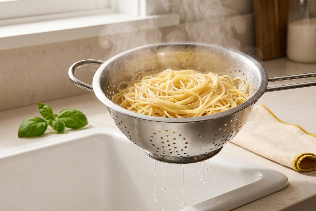 Cooked spaghetti draining in a metal colander over a sink, with steam rising