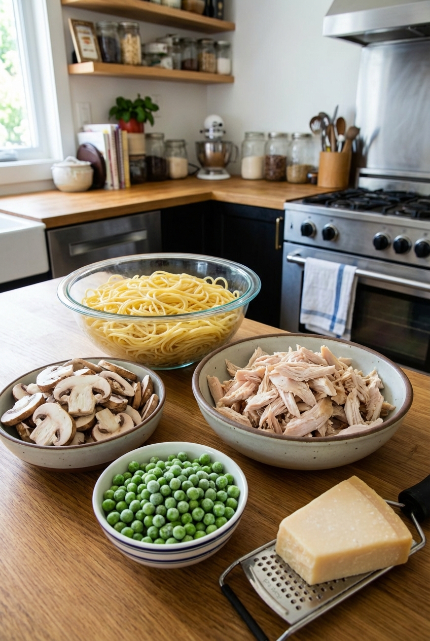 Cooked spaghetti, shredded turkey, mushrooms, peas, and parmesan arranged on a kitchen counter ready for cooking