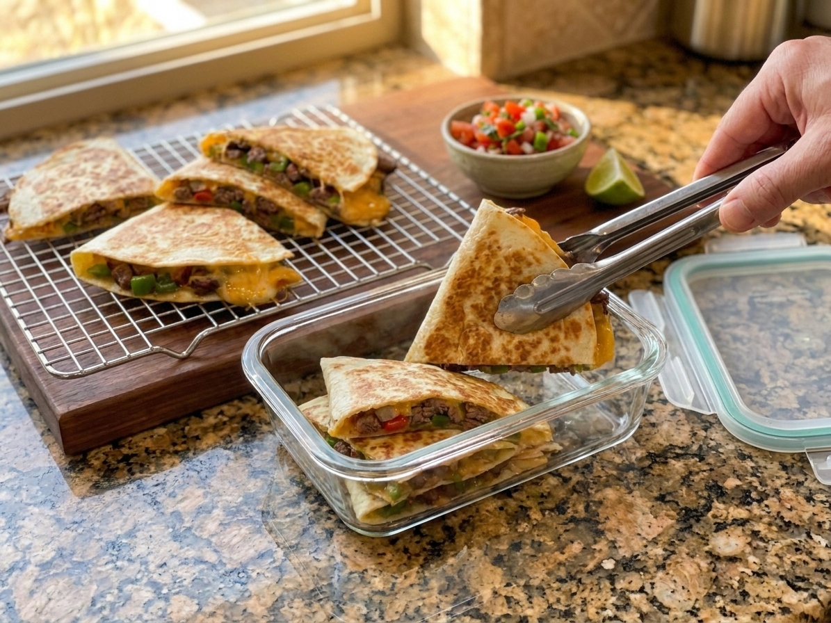 Cooked steak quesadilla wedges cooling and being placed into a glass airtight container on a kitchen counter for meal prep
