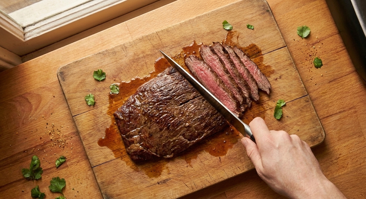 Cooked steak resting on a cutting board being sliced thinly against the grain with a chef's knife, home kitchen lighting