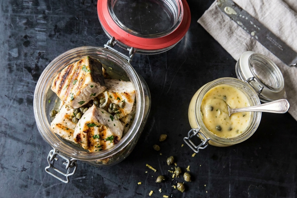 Cooked swordfish pieces stored in a glass airtight container on a kitchen counter next to a small jar of lemon caper butter