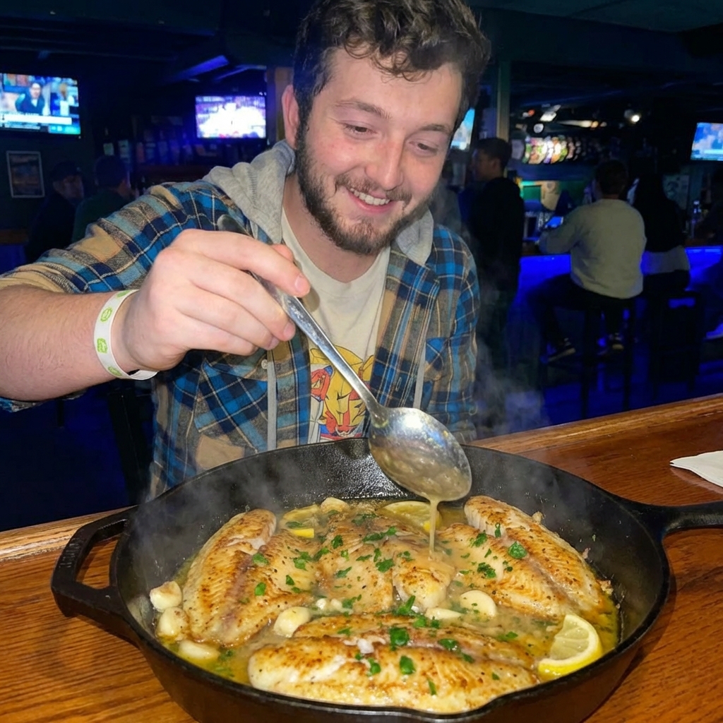 Cooked tilapia in a skillet as lemon butter garlic sauce is spooned over the fillets