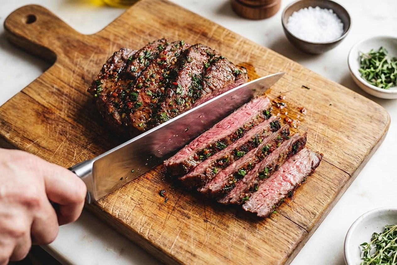 Cooked top round steak resting on a wooden cutting board while a knife slices thin strips against the grain
