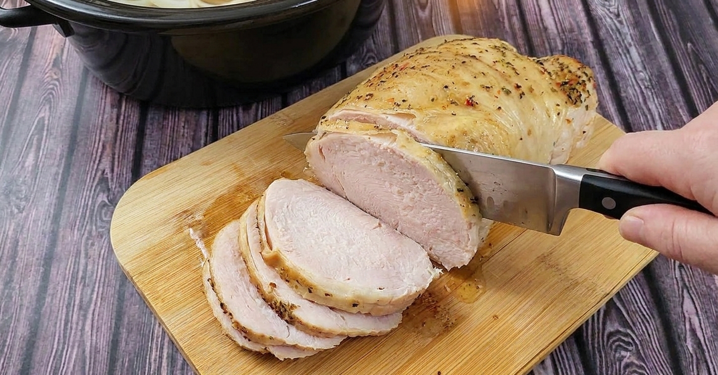 Cooked turkey breast being sliced on a wooden cutting board with visible juices and a chef's knife