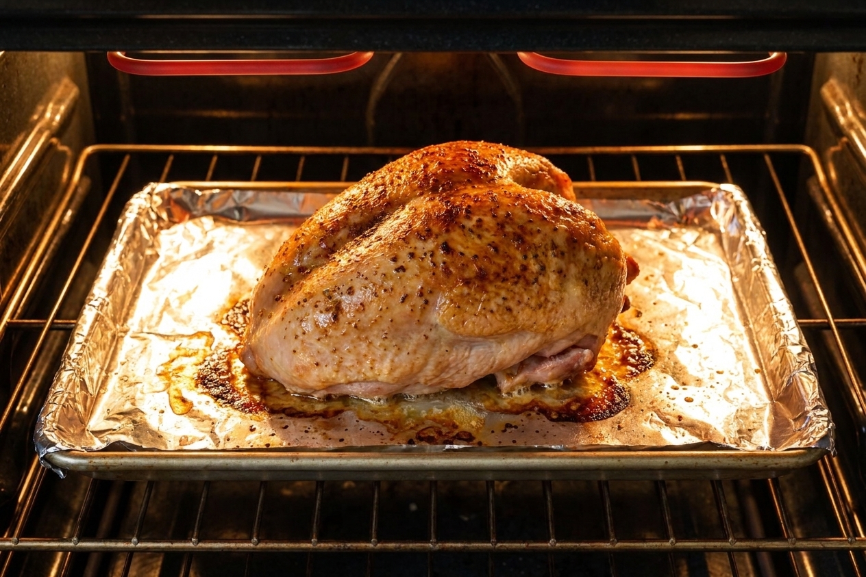 Cooked turkey breast on a foil lined sheet pan under broiler heat with skin turning golden brown
