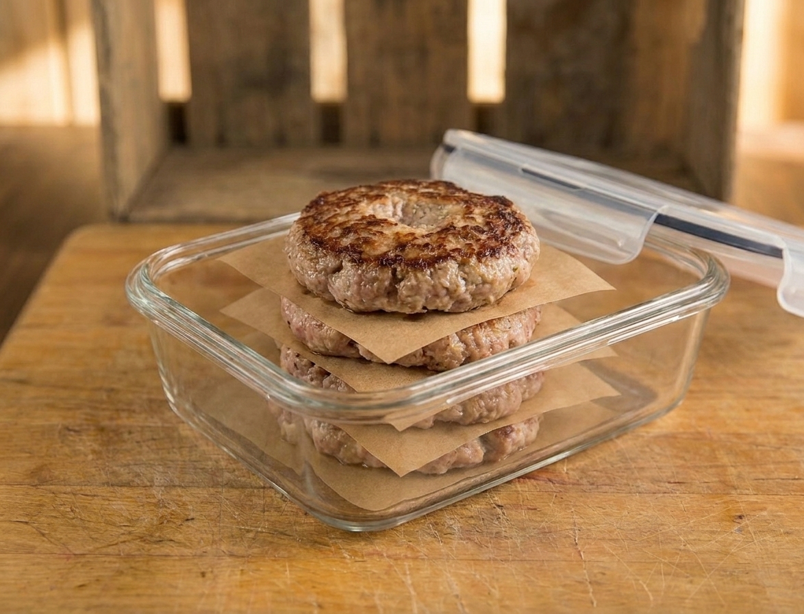 Cooked turkey burger patties stacked with parchment paper in a glass container with a lid on a kitchen counter