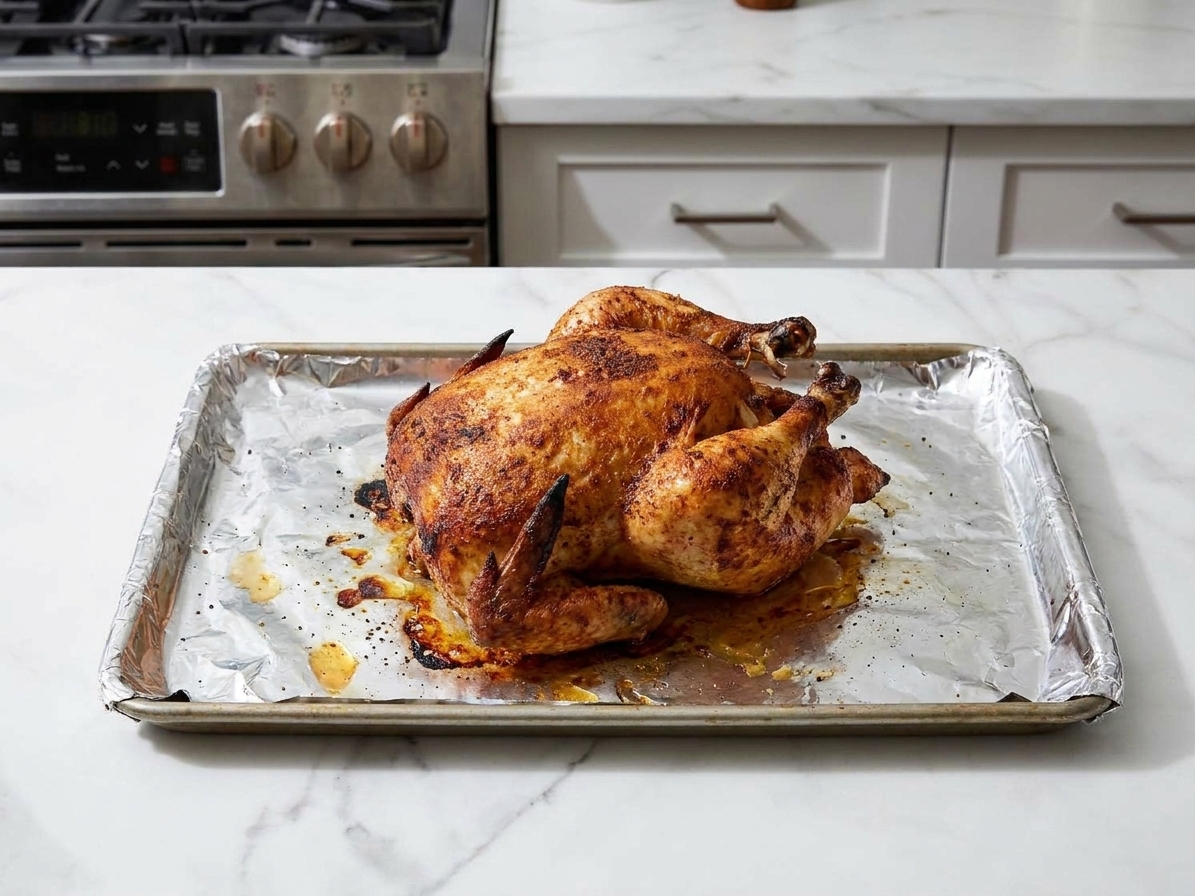 Cooked whole chicken on a foil-lined sheet pan under kitchen lighting with browned, crisped skin after broiling