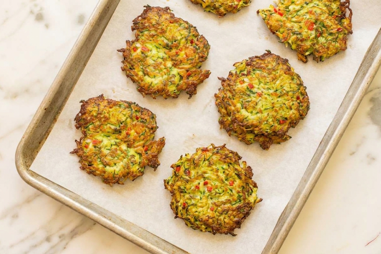 Cooked zucchini fritters arranged in a single layer on a parchment-lined baking sheet, ready for reheating