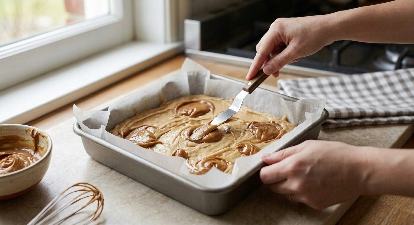 Cookie butter dollops being swirled into blondie batter in a parchment-lined square pan with a knife