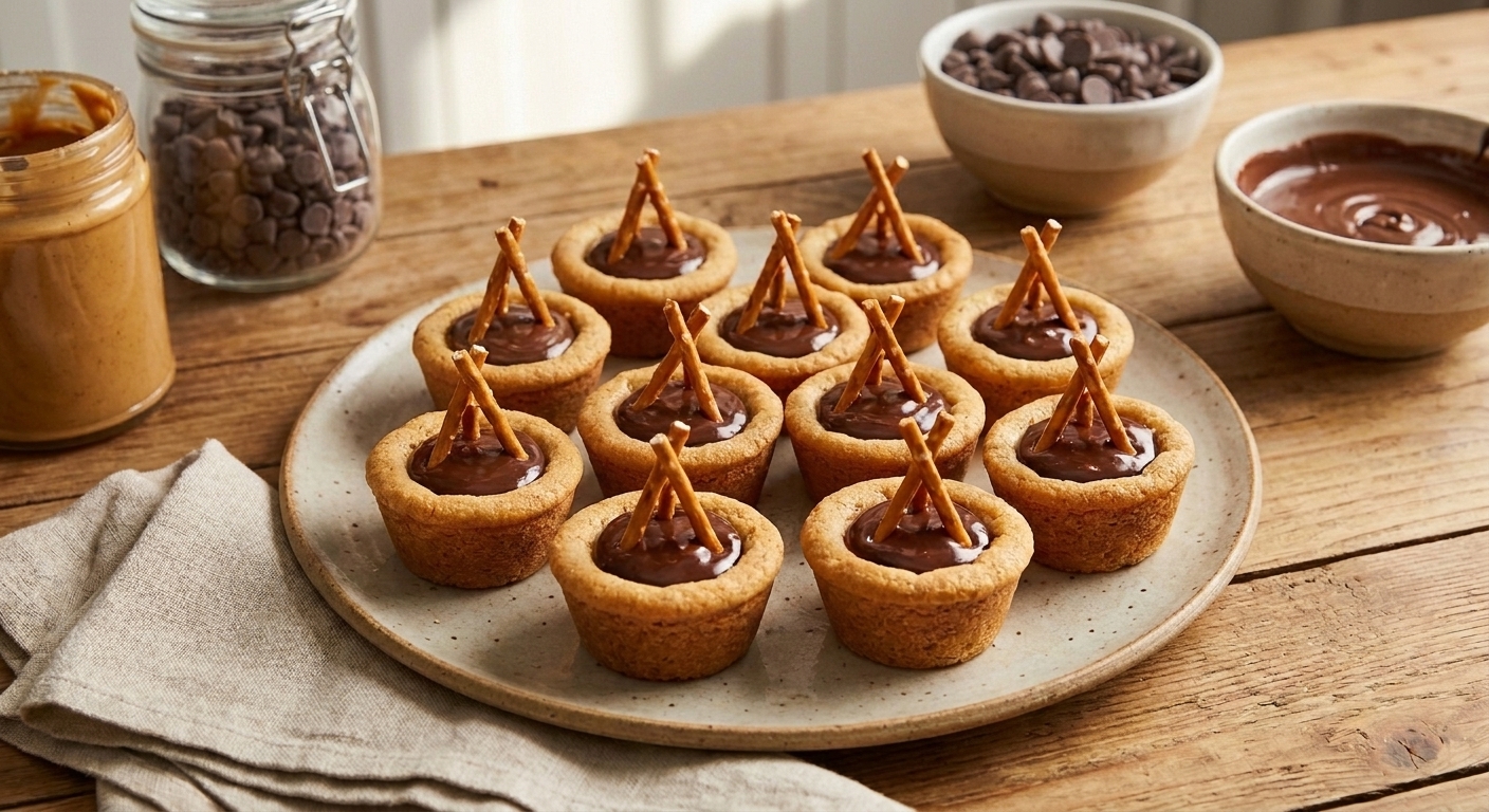 Cookie cups filled with chocolate-peanut butter filling and topped with pretzel sticks on a warm kitchen counter