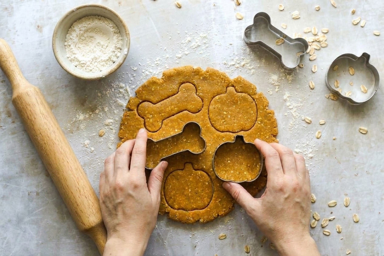 Cookie cutters cutting small treat shapes from rolled pumpkin dough