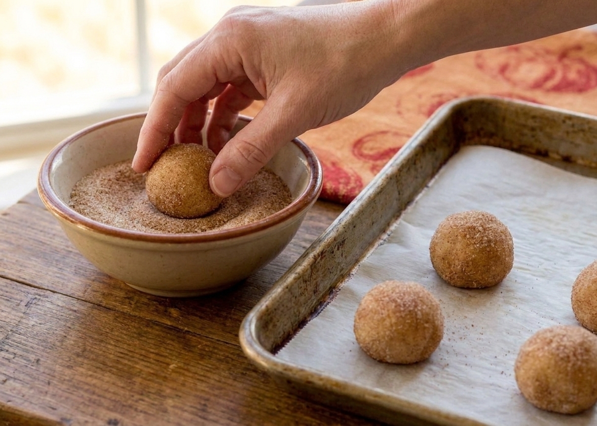 Cookie dough balls being rolled in a bowl of cinnamon sugar on a kitchen counter