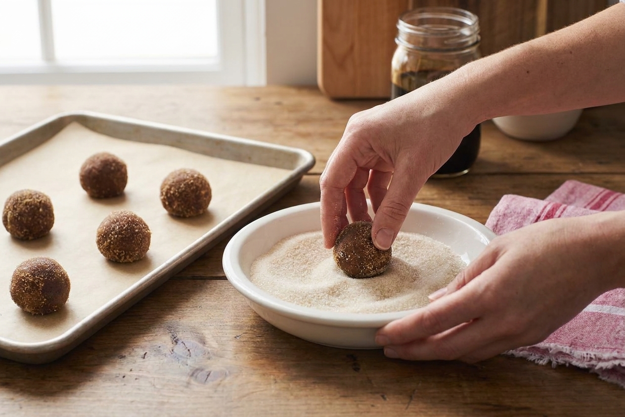 Cookie dough balls being rolled in a bowl of granulated sugar on a kitchen counter