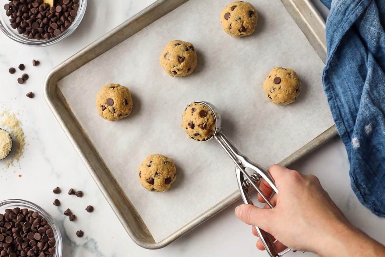 Cookie dough balls being scooped with a metal cookie scoop onto a parchment-lined baking sheet on a kitchen counter
