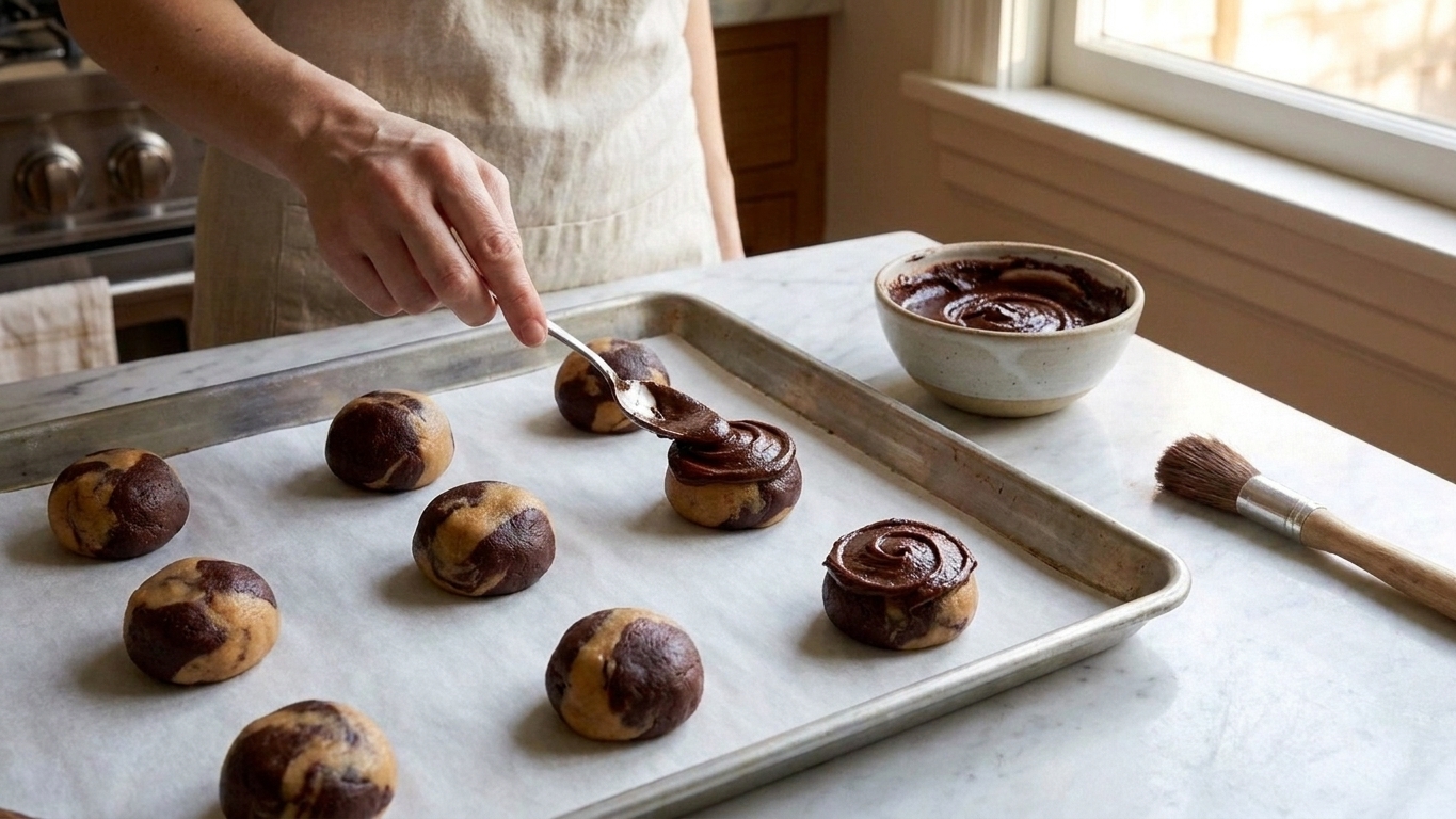 Cookie dough balls on a parchment-lined sheet pan as cocoa paste is swirled into circular patterns on top