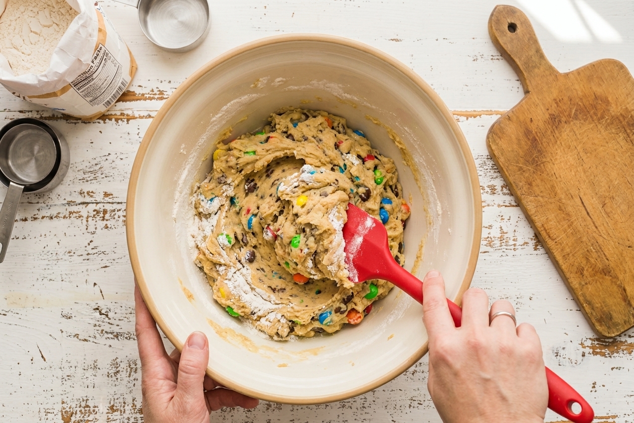 Cookie dough being folded in a large mixing bowl with a rubber spatula, with flour just being incorporated