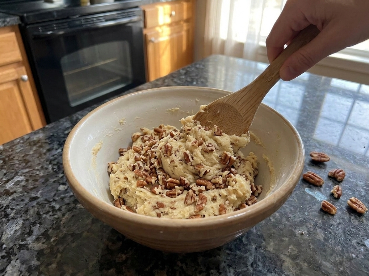 Cookie dough being mixed in a bowl with a spatula, with chopped pecans visible throughout