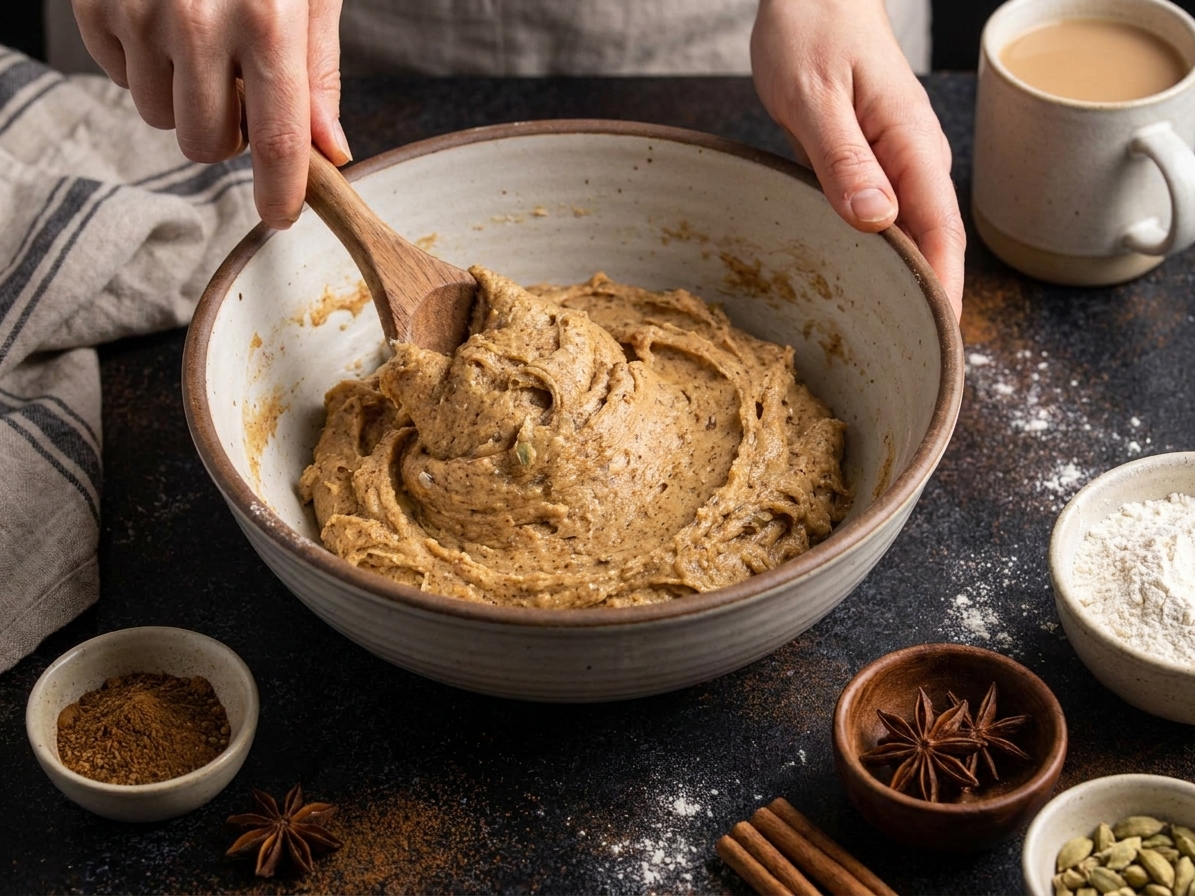 Cookie dough being mixed in a bowl with chai spices nearby on a kitchen counter