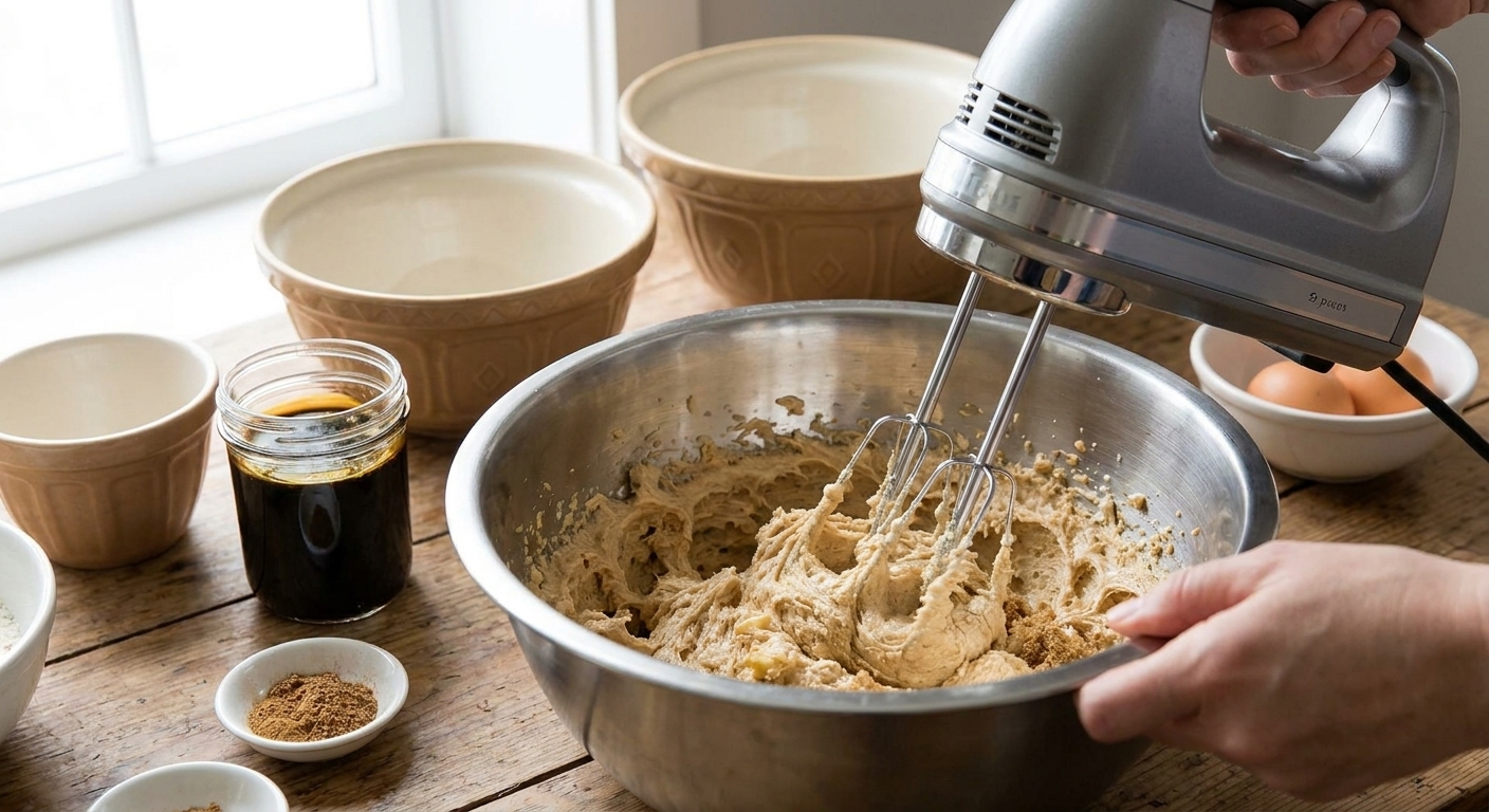 Cookie dough being mixed in a stainless steel bowl with a hand mixer, butter and brown sugar creamed to a fluffy texture