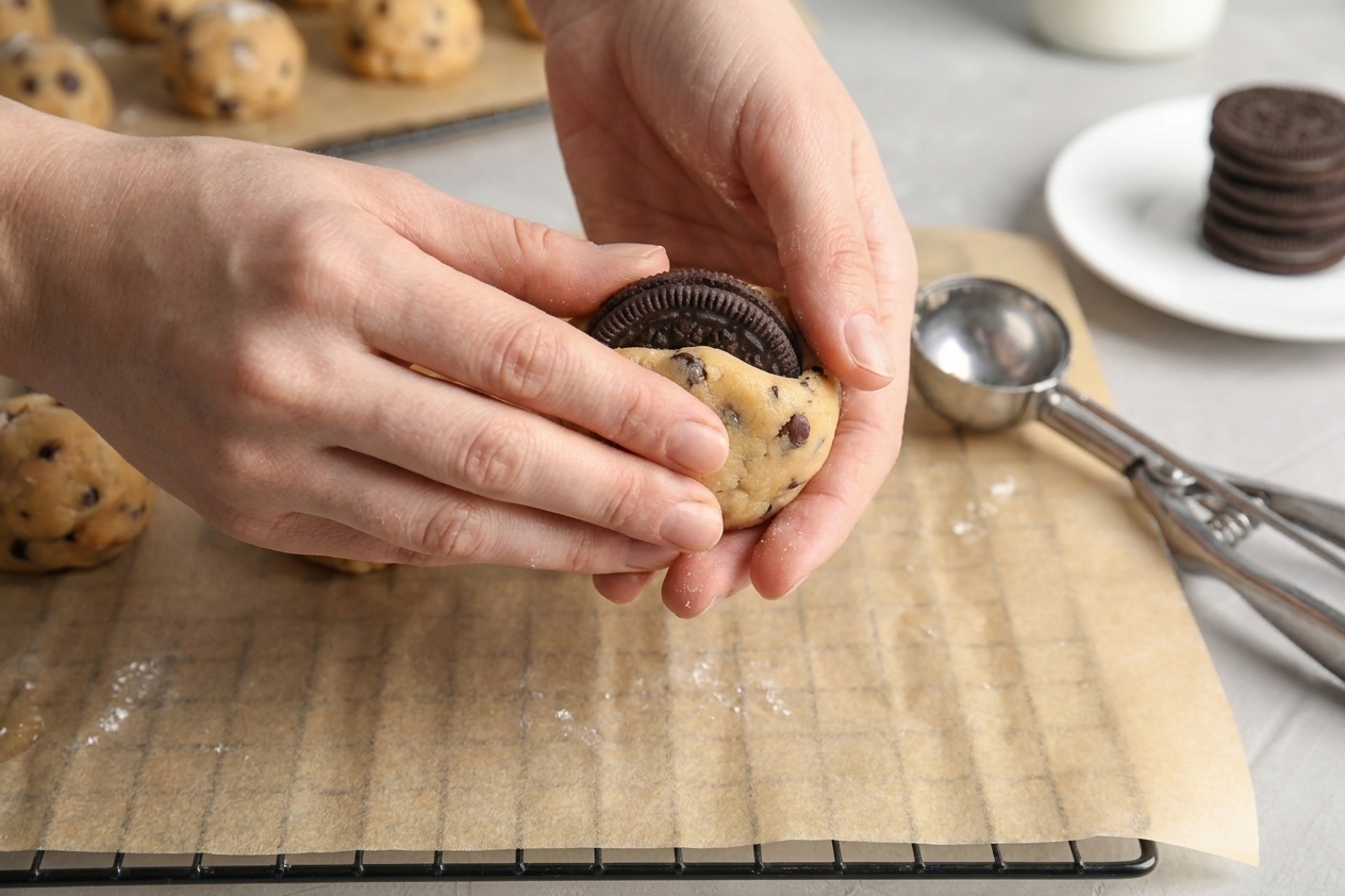 Cookie dough being pressed around a whole Oreo on a parchment lined baking sheet, forming a smooth dough ball