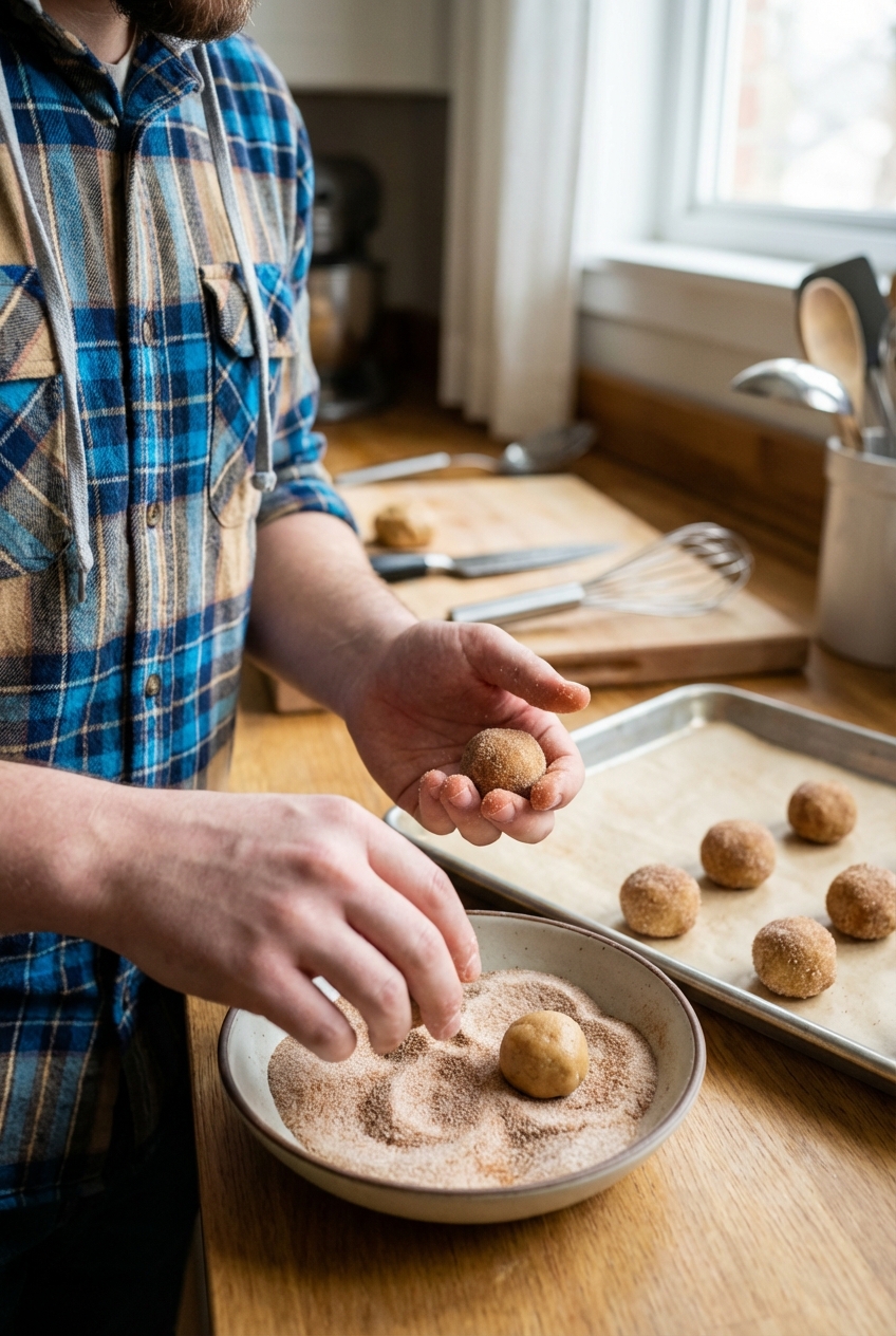 Cookie dough being rolled into balls and tossed in cinnamon sugar on a baking sheet