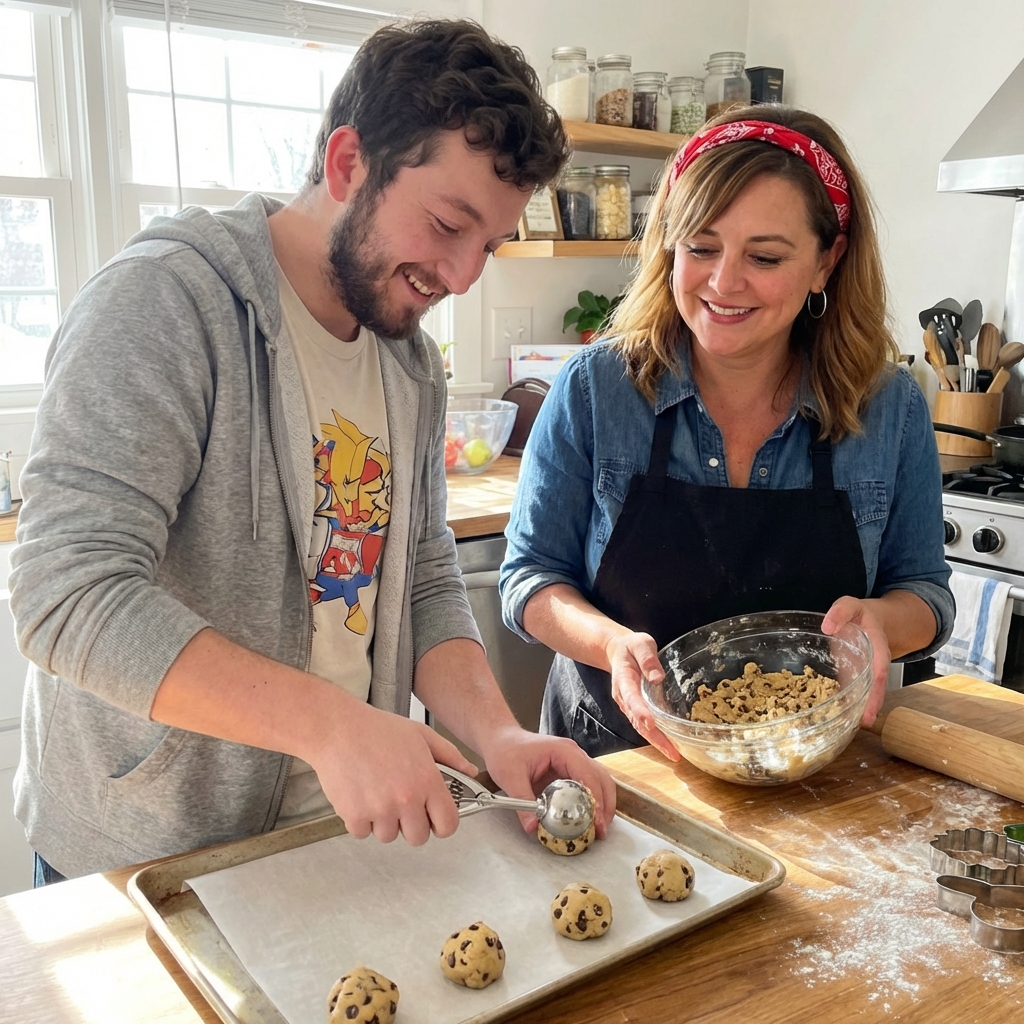 Cookie dough being scooped onto a parchment-lined baking sheet in a bright home kitchen