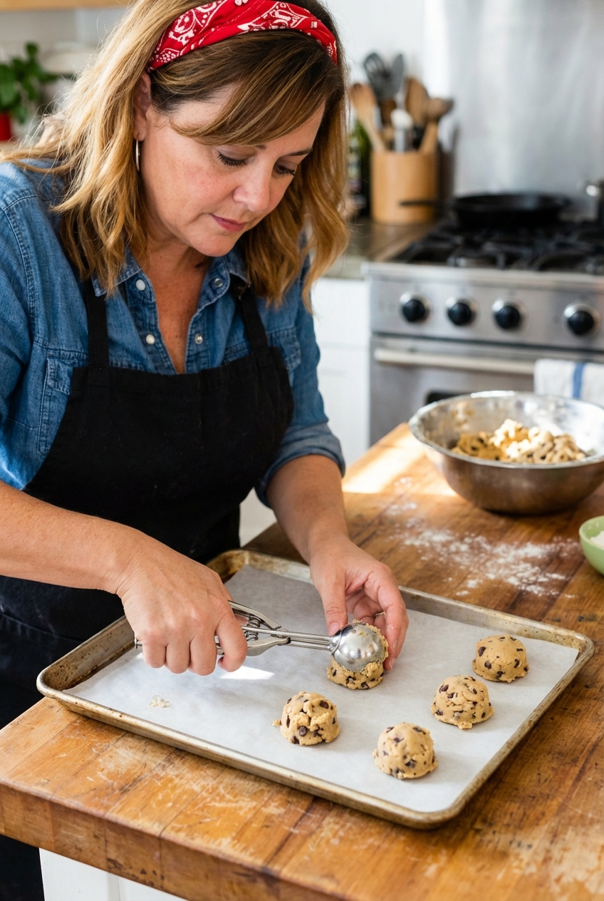 Cookie dough being scooped with a cookie scoop onto a parchment lined baking sheet on a wooden counter