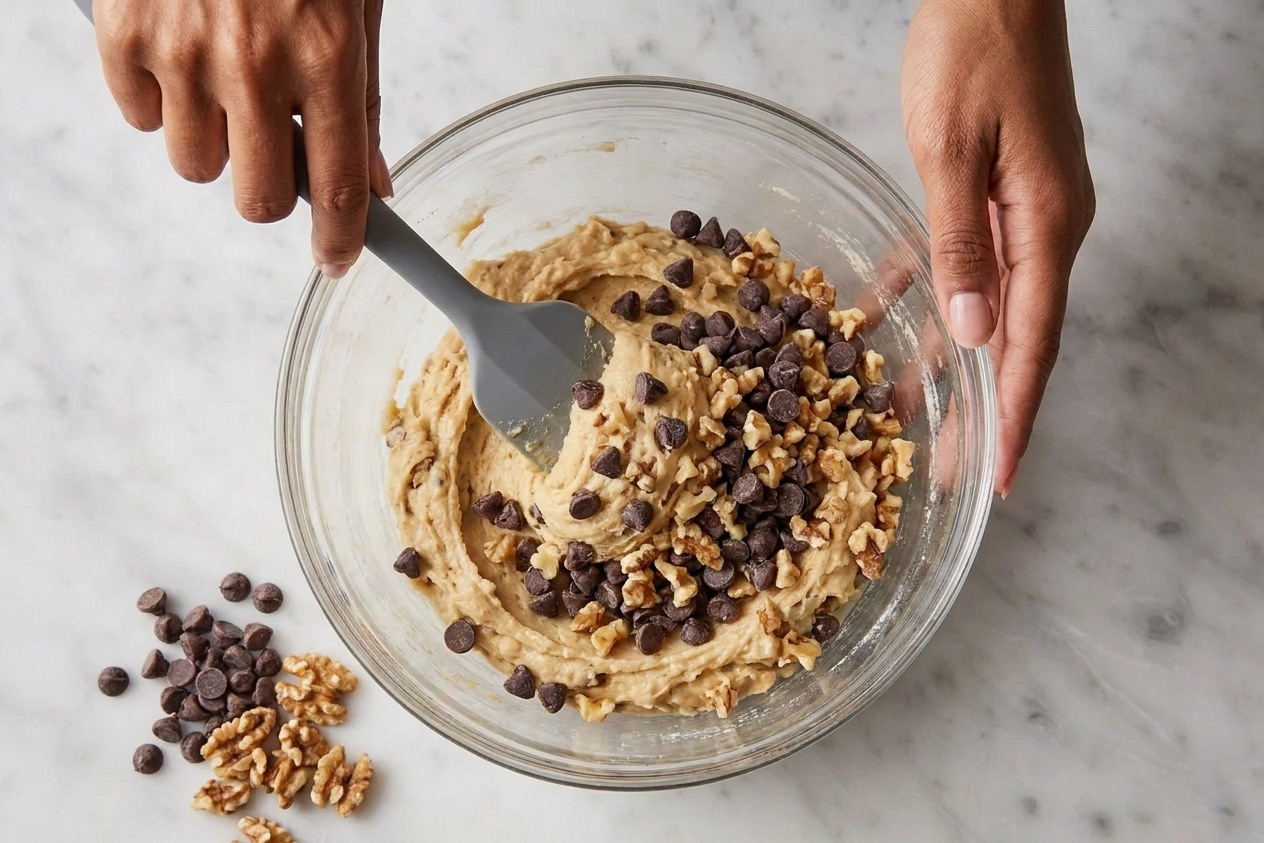 Cookie dough in a mixing bowl as chocolate chips and chopped walnuts are folded in with a rubber spatula